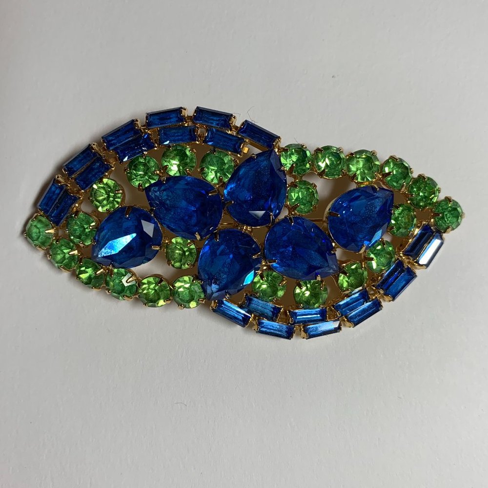 Large 3 1/2" Blue & Green Prong Set Rhinestone Brooch